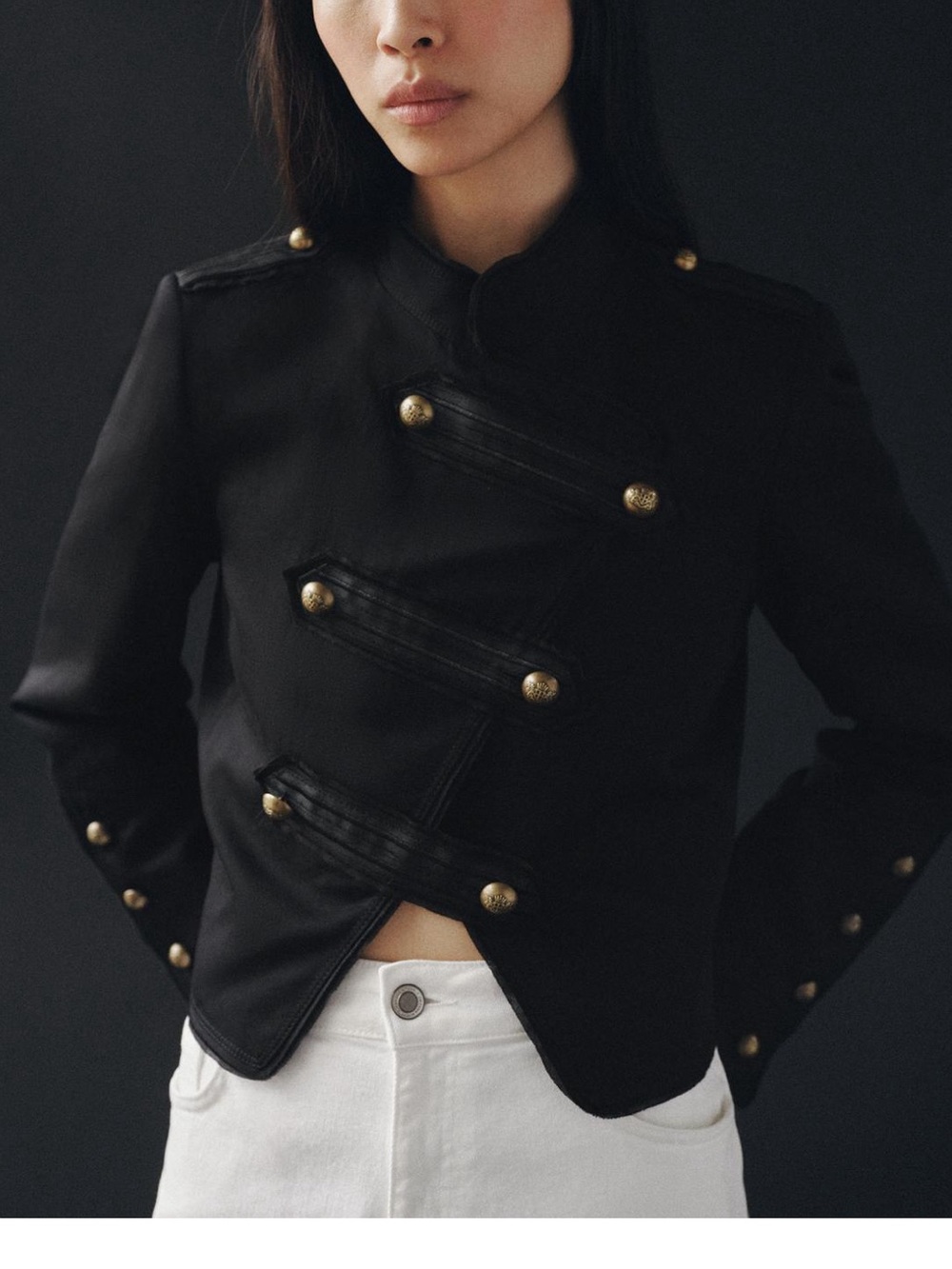Zara NWT ZW COLLECTION cotton linen blend Black Military blazer gold Buttons - Picture 7 of 14
